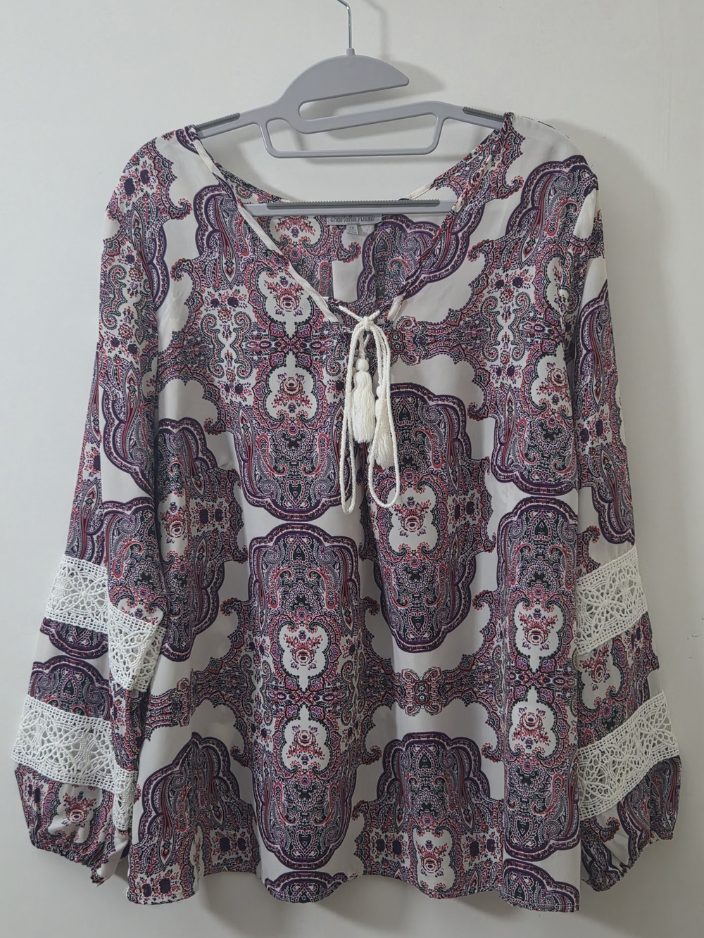Charlotte Russe White and Purple Paisley Tie-Front Tunic